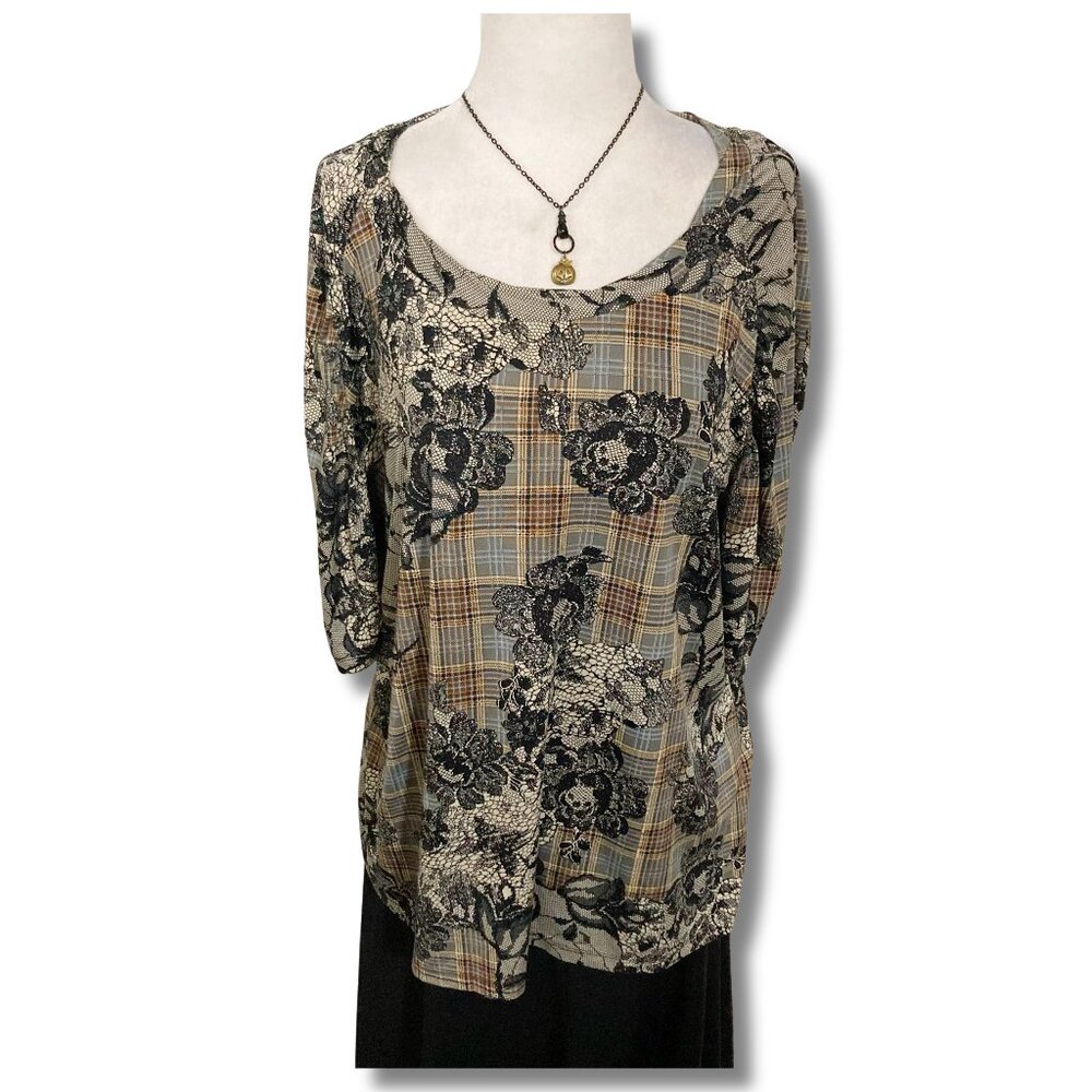 BIANCA NYGARD Plus-size plaid floral fishnet lace print 1/2 sleeve top XL 1X 2X
